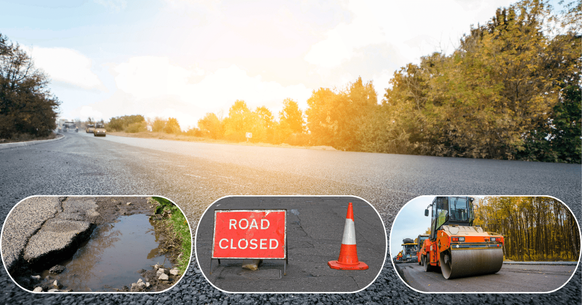 a roadway in the sunset with a road closed sign, a road roller and a pothole