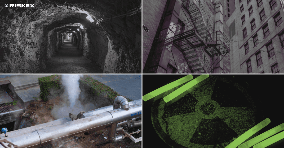 Workplace tragedies 4 images of a tunnel, the back of a building, some pipework in a factory and a radiation warning sign with green glow sticks
