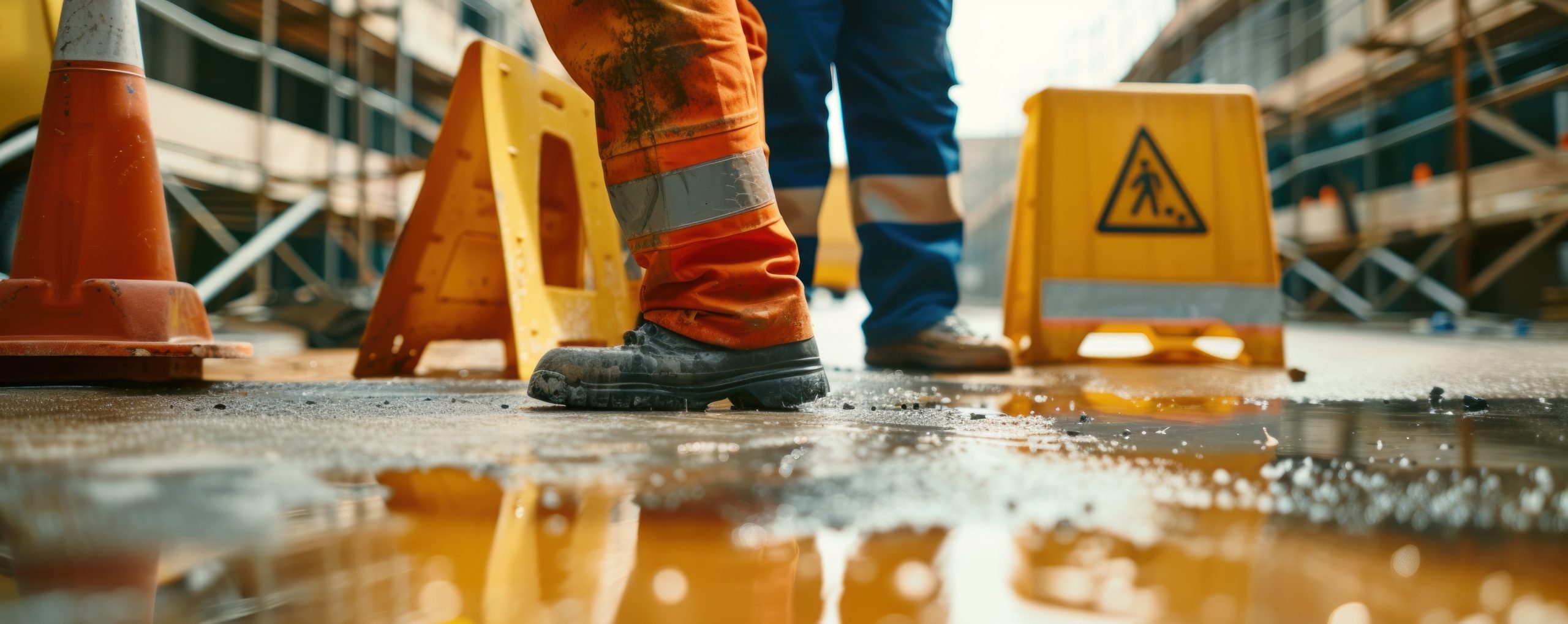 two men in hivis trousers standing on wet floor with a caution wet floor sign