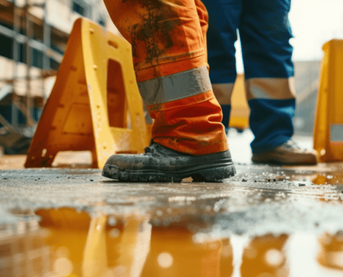 two men in hivis trousers standing on wet floor with a caution wet floor sign