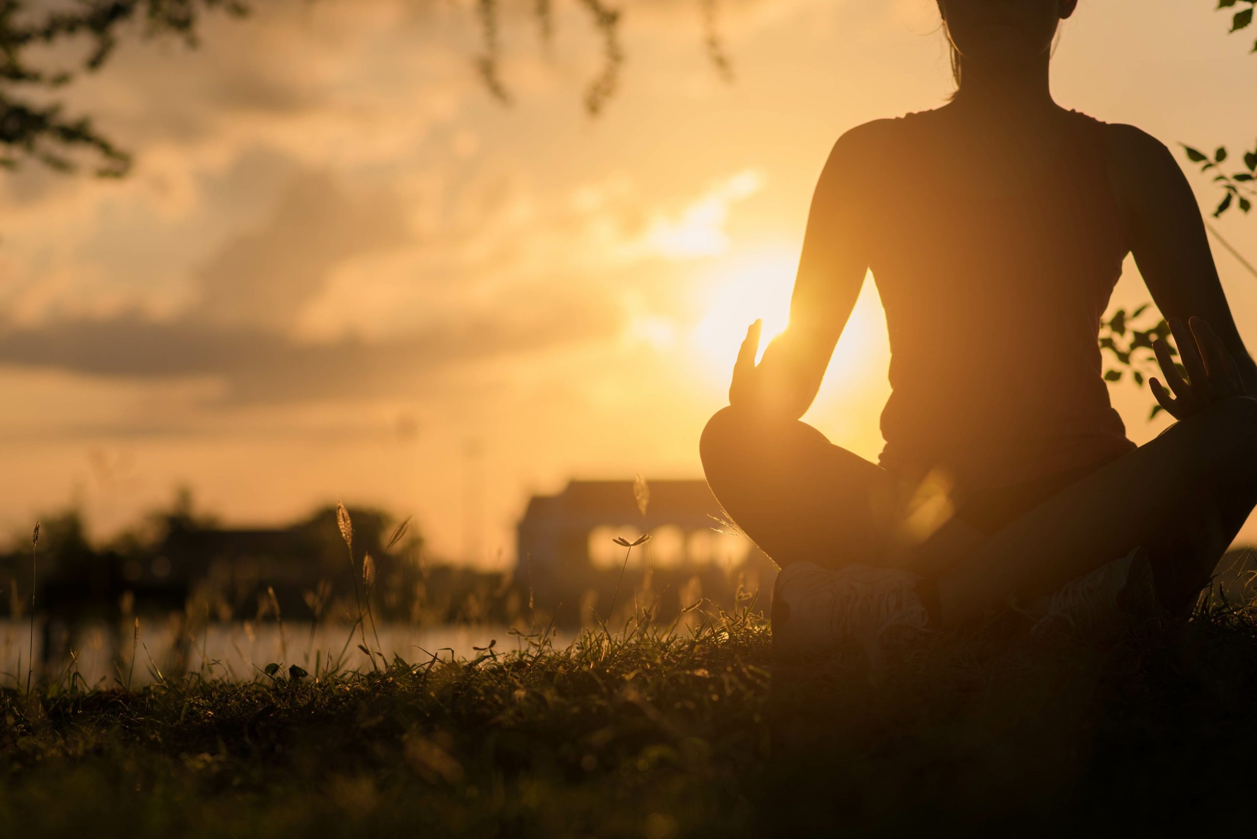 a person sitting in the grass meditating with the sun in the background