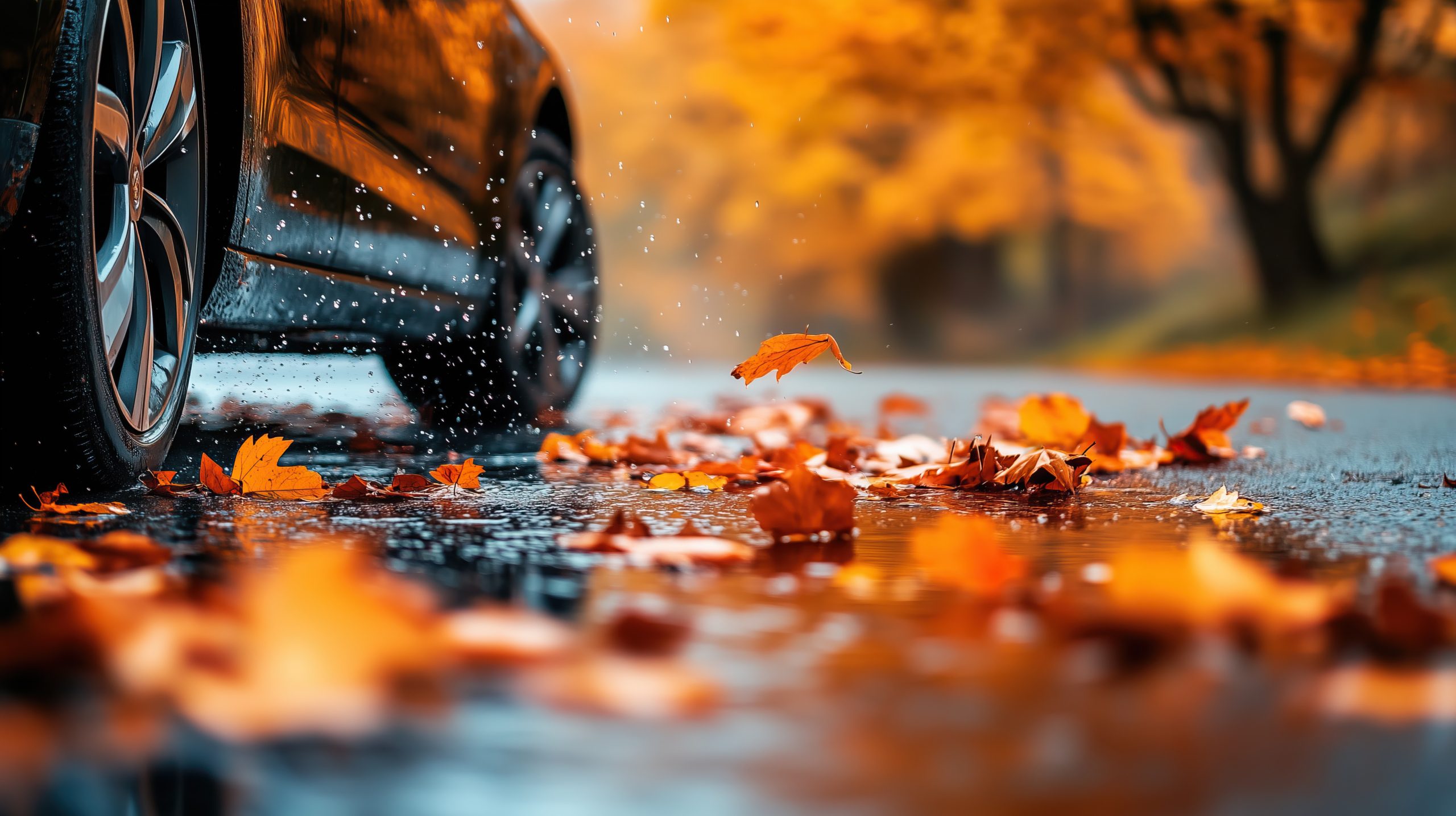 a black car on a wet road with autumn leaves on the ground