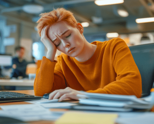 Young woman in an orange sweater looks exhausted at her desk in a busy office, AI